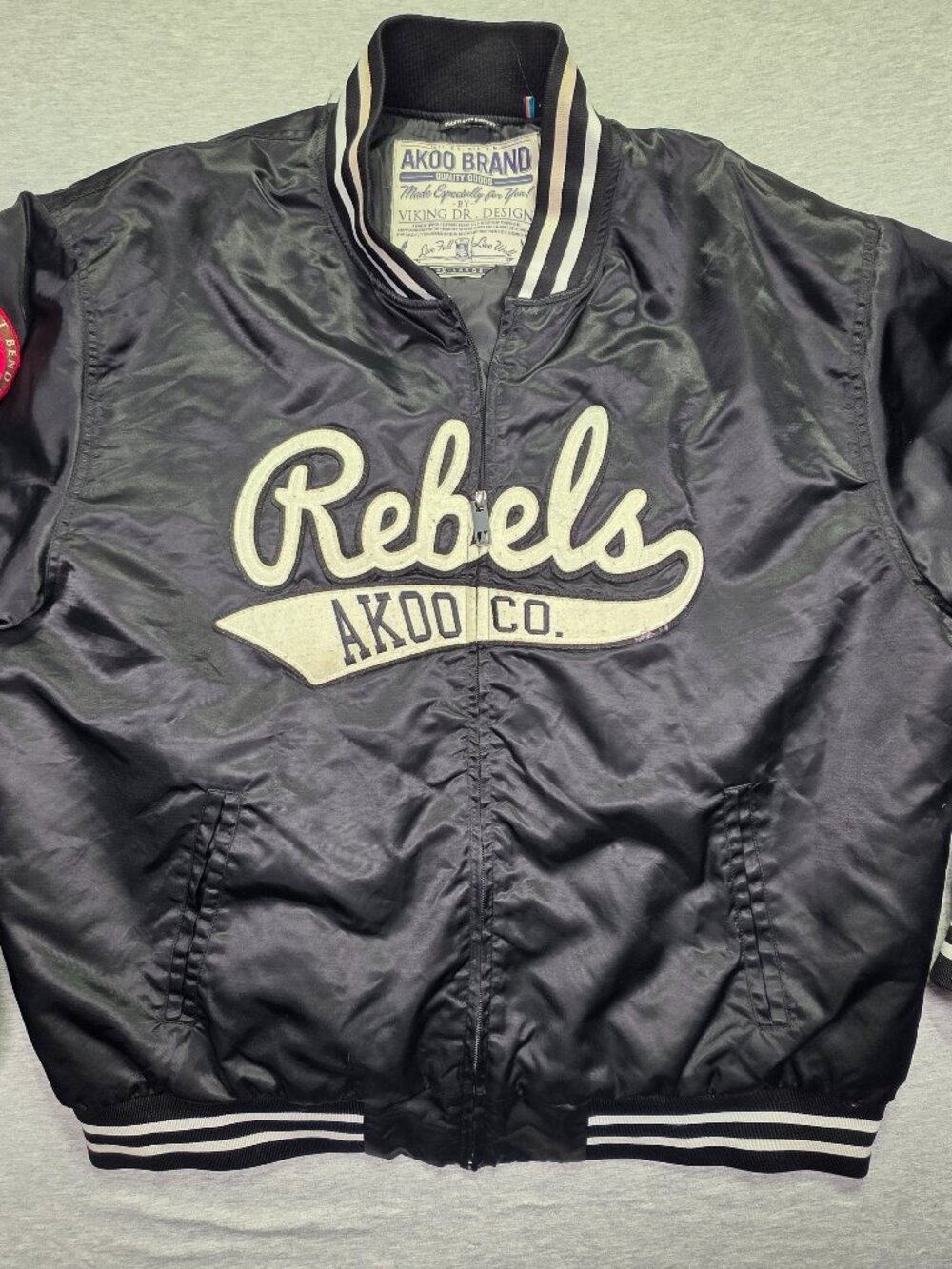 Akoo Brand Rebels Satin Bomber Jacket Size 4XL Black Varsity Style Streetwear